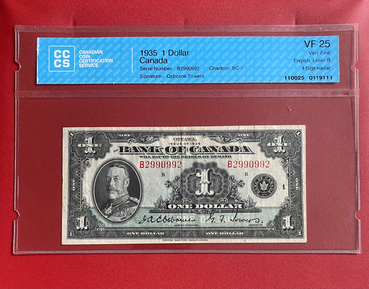 1935 CANADA $1 SCARCE "THREE DIGIT RADAR" NOTE #2990992: CCCS GRADED VF-25