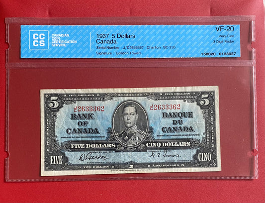 1937 CANADA $5 "THREE DIGIT RADAR" NOTE #2633362: CCCS GRADED VF-20