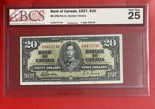 1937 CANADA $20 "FOUR DIGIT RADAR" NOTE #6475746: BCS GRADED VF-25
