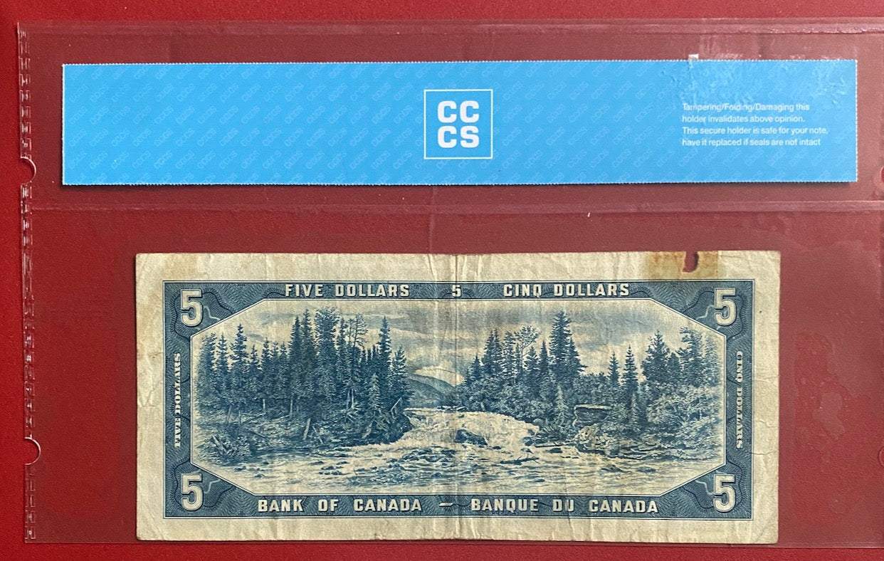 1954 CANADA $5 "ERROR - MISMATCHED SERIAL" NOTE CCCS GRADED FINE-15