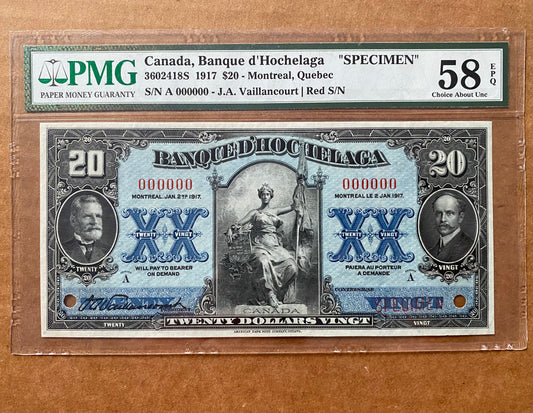 1917 BANQUE D’HOCHELAGA $20 “SPECIMEN” NOTE - PMG GRADED AU-58: 000000