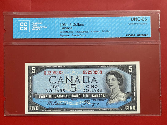 1954 CANADA $5 NOTE CCCS GRADED GEM UNC-65