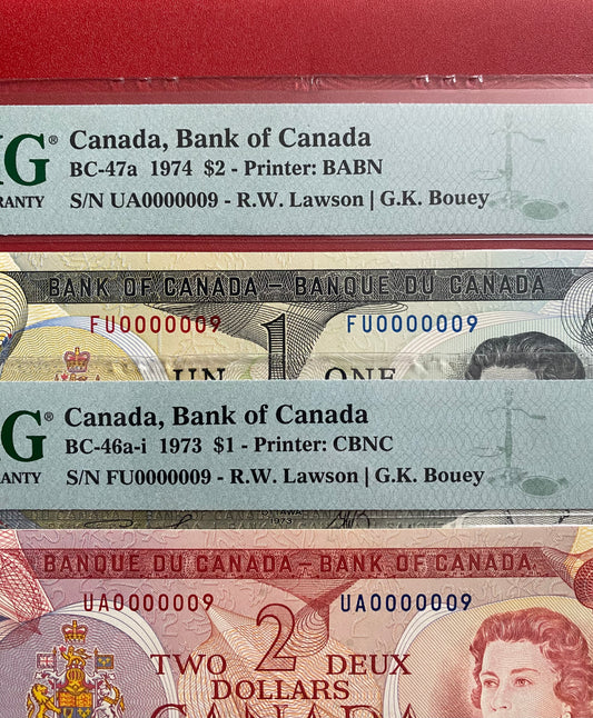 #000009 MATCHING LOW SERIAL 1974 CANADA $2 NOTE PMG GRADED SUPERB GEM UNC-67