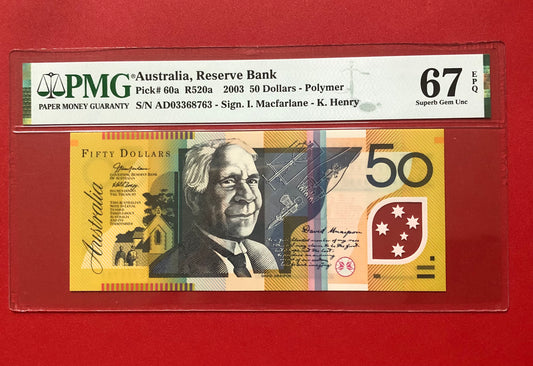 2003 AUSTRALIA RESERVE BANK $50 NOTE: PMG GRADED SUPERB GEM UNC-67
