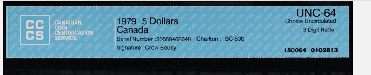 RARE RADAR NOTE 1979 CANADA $20 NOTE CCCS GRADED GEM UNC-65 #0993990