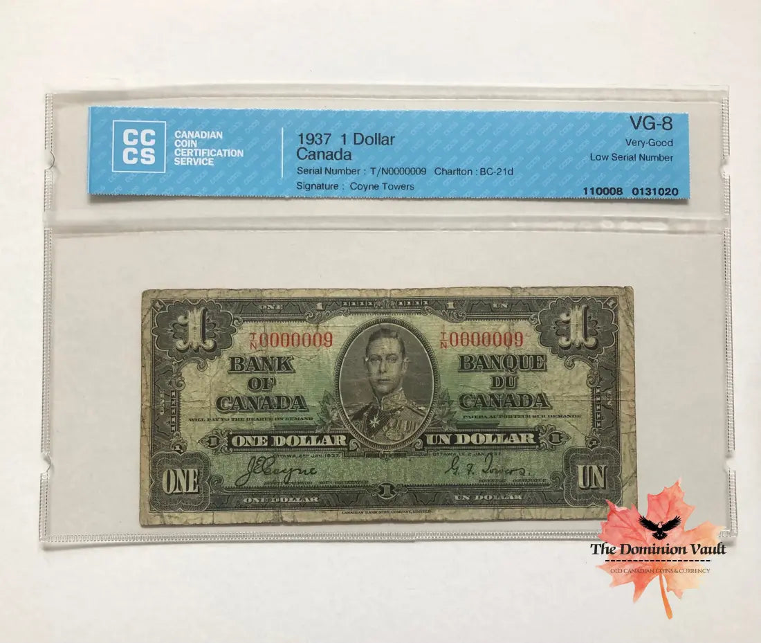 Canada $1 ’1937 Issues’ Low Serial Numbered Note #0000009