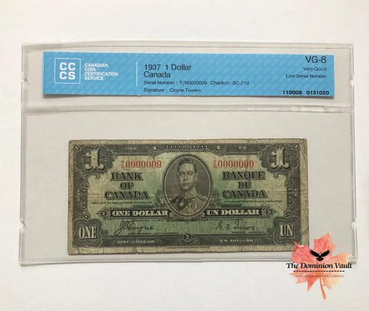 Canada $1 ’1937 Issues’ Low Serial Numbered Note #0000009