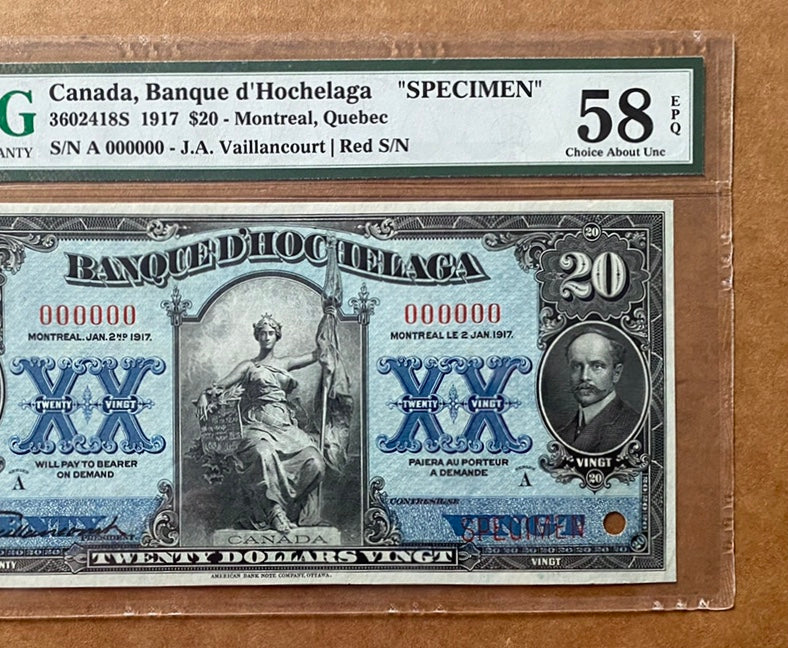1917 BANQUE D’HOCHELAGA $20 “SPECIMEN” NOTE - PMG GRADED AU-58: 000000