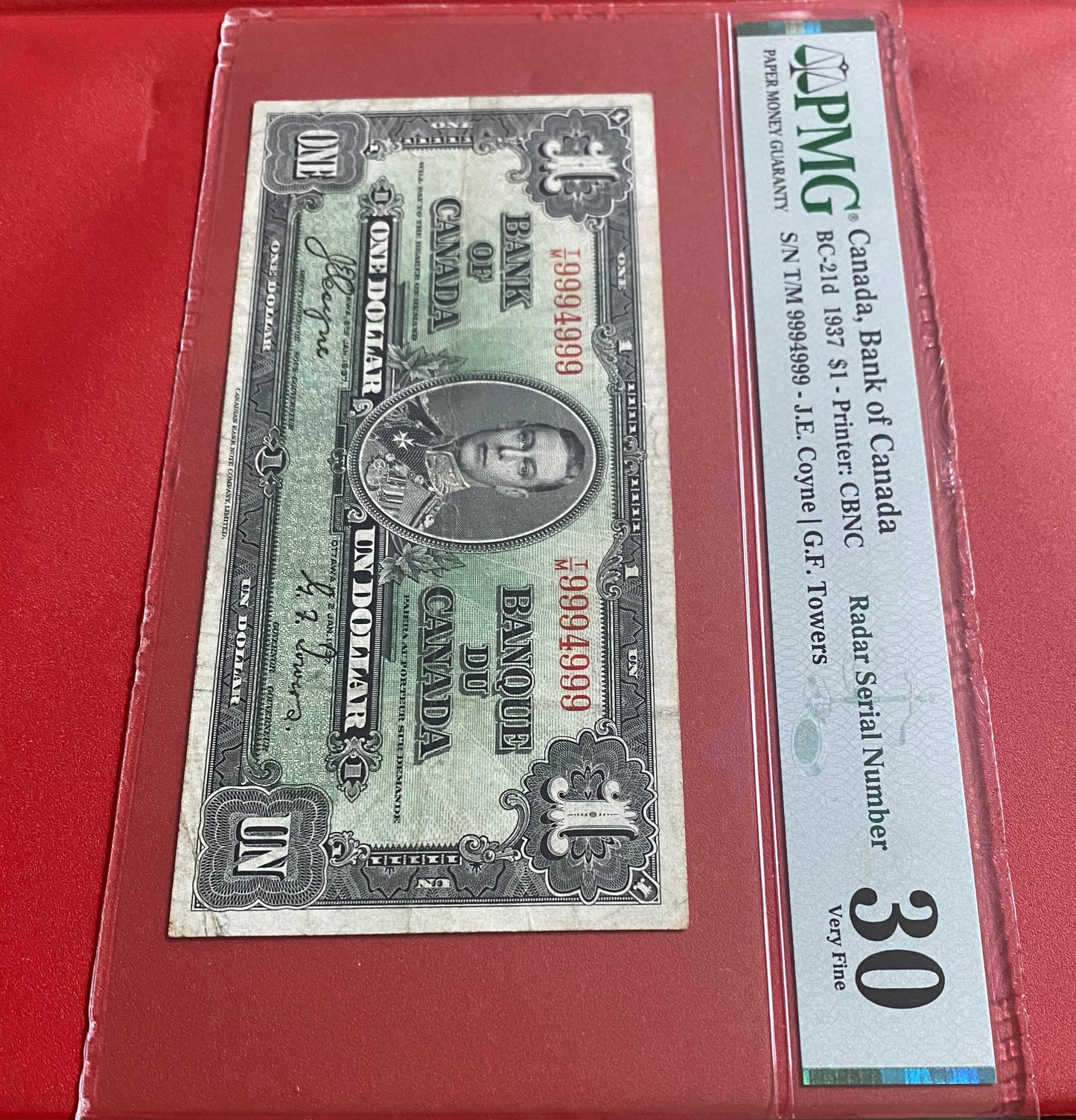 1937 CANADA $1 "TWO DIGIT RADAR + REPEATER" NOTE #9994999: PMG GRADED VF-30