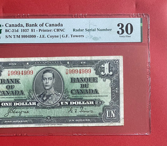 1937 CANADA $1 "TWO DIGIT RADAR + REPEATER" NOTE #9994999: PMG GRADED VF-30