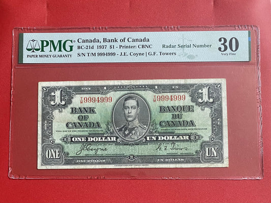 1937 CANADA $1 "TWO DIGIT RADAR + REPEATER" NOTE #9994999: PMG GRADED VF-30