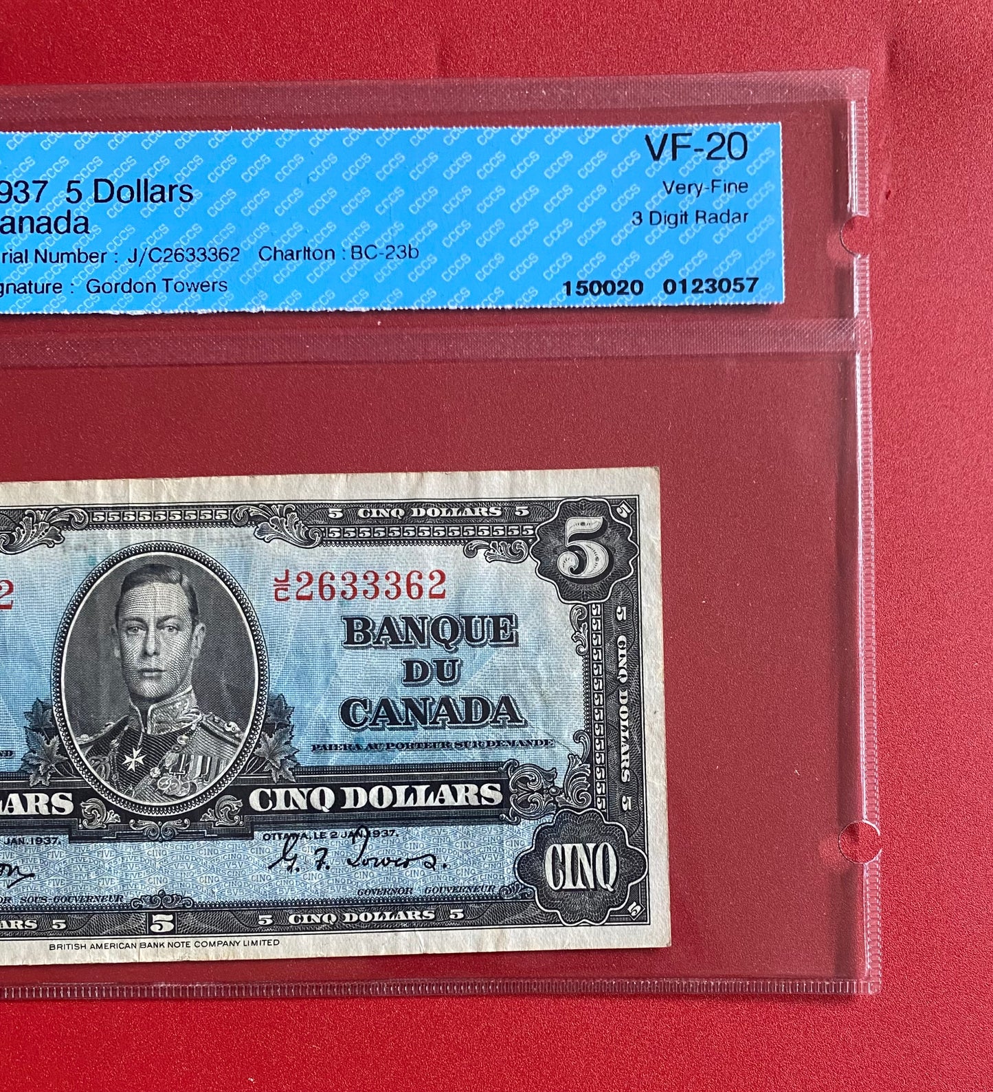 1937 CANADA $5 "THREE DIGIT RADAR" NOTE #2633362: CCCS GRADED VF-20