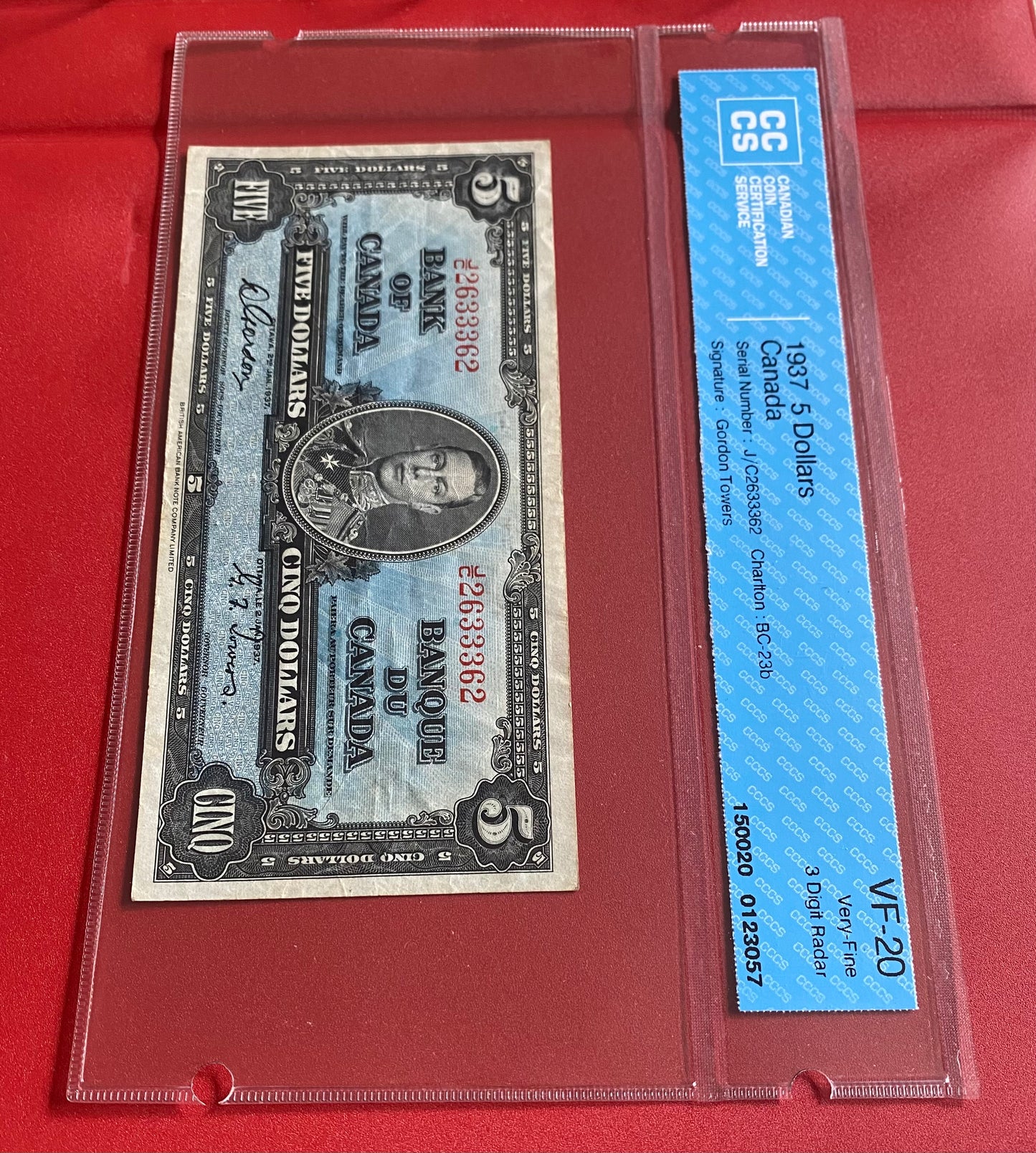 1937 CANADA $5 "THREE DIGIT RADAR" NOTE #2633362: CCCS GRADED VF-20