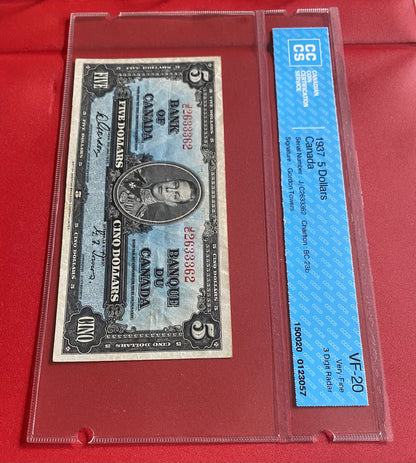 1937 CANADA $5 "THREE DIGIT RADAR" NOTE #2633362: CCCS GRADED VF-20