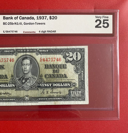 1937 CANADA $20 "FOUR DIGIT RADAR" NOTE #6475746: BCS GRADED VF-25