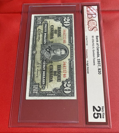 1937 CANADA $20 "FOUR DIGIT RADAR" NOTE #6475746: BCS GRADED VF-25
