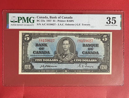 1937 CANADA $5 OSBORNE-TOWERS NOTE PMG GRADED VF-35 #8159627