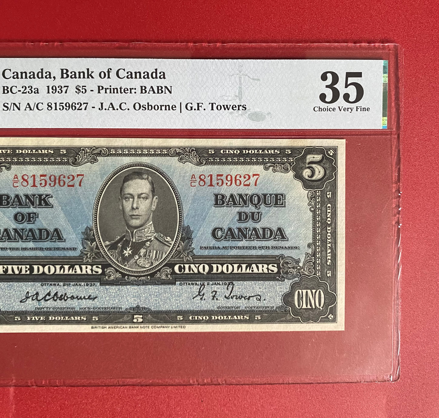 1937 CANADA $5 OSBORNE-TOWERS NOTE PMG GRADED VF-35 #8159627