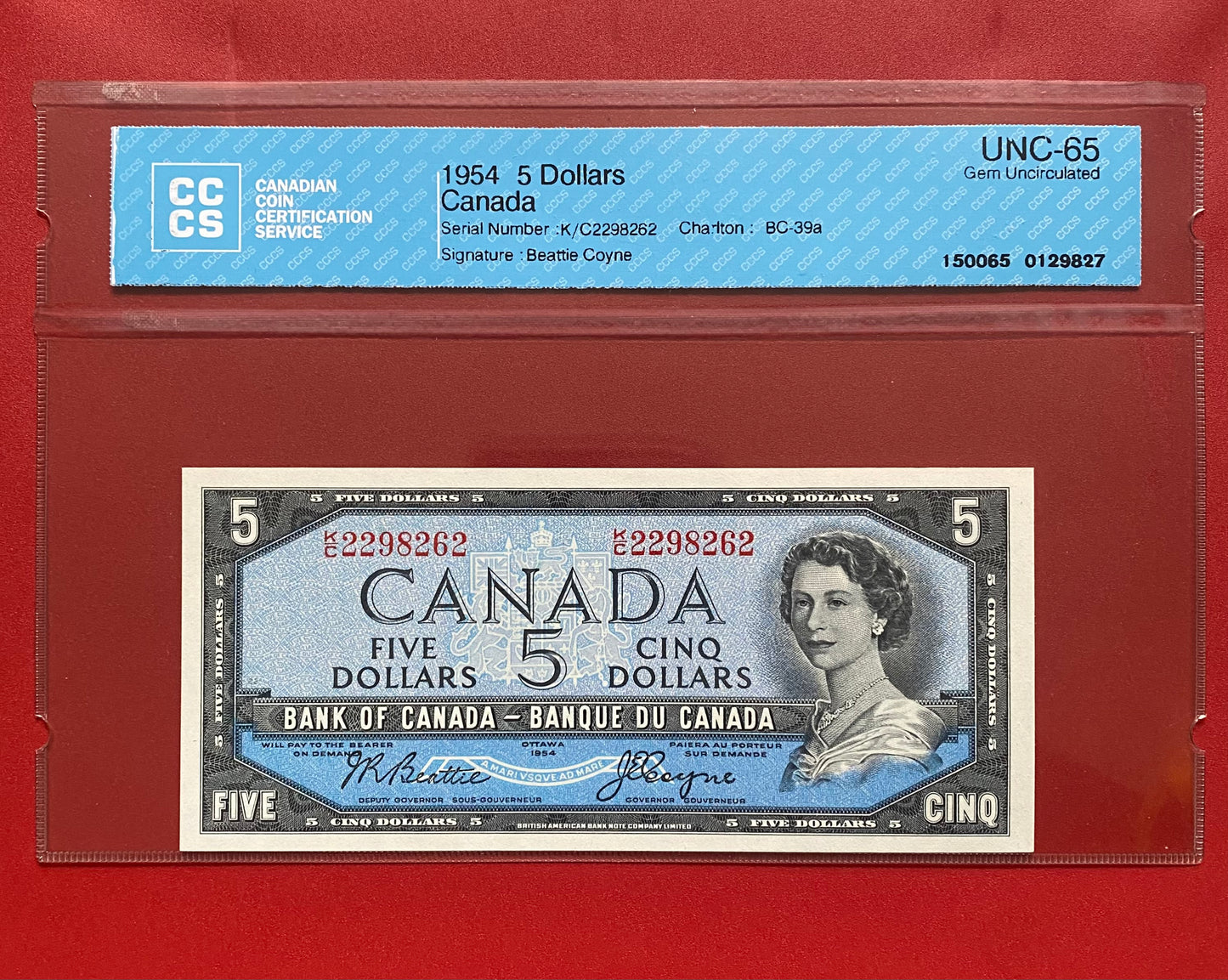 1954 CANADA $5 NOTE CCCS GRADED GEM UNC-65