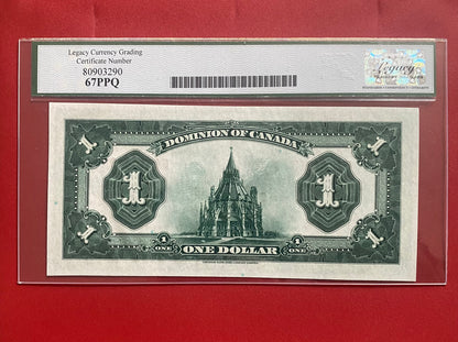 1923 DOMINION OF CANADA $1 NOTE LEGACY GRADED SUPERB GEM UNC-67 #E-4944913