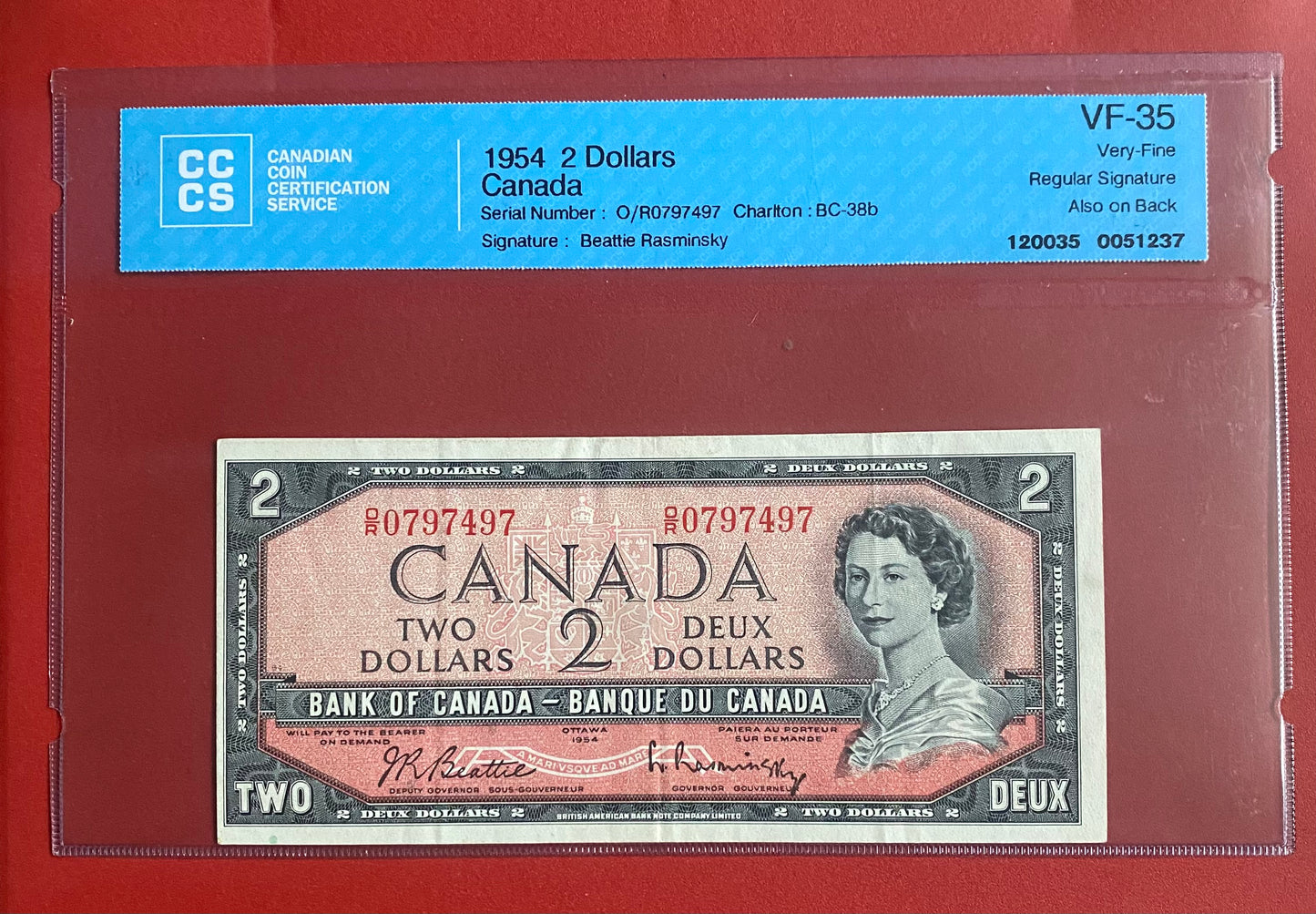 1954 BANK OF CANADA $2 “OFFSET SIGNATURES” NOTE CCCS GRADED VF-35 #0797497
