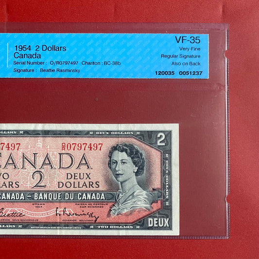 1954 BANK OF CANADA $2 “OFFSET SIGNATURES” NOTE CCCS GRADED VF-35 #0797497