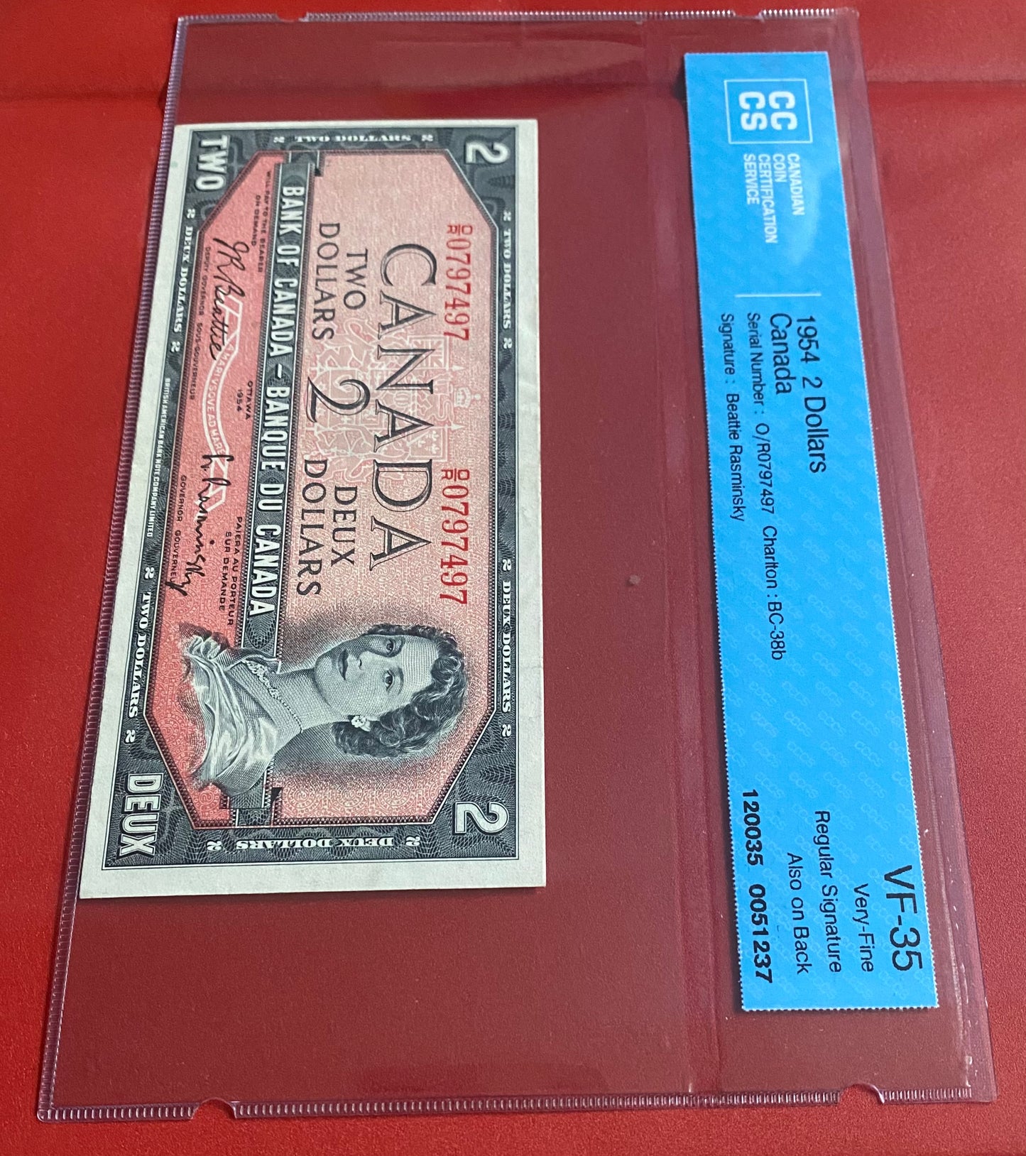 1954 BANK OF CANADA $2 “OFFSET SIGNATURES” NOTE CCCS GRADED VF-35 #0797497