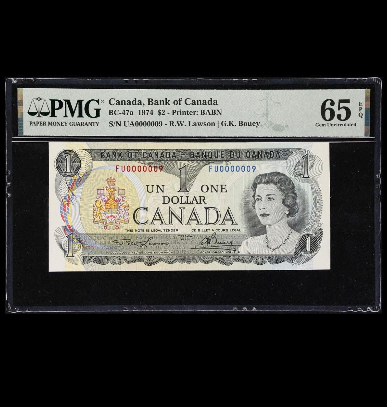 1973 CANADA $1 LOW SERIAL NOTE PMG GRADED GEM UNC-65 #000009