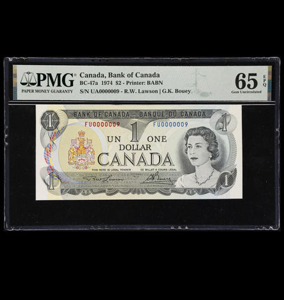 1973 CANADA $1 LOW SERIAL NOTE PMG GRADED GEM UNC-65 #000009