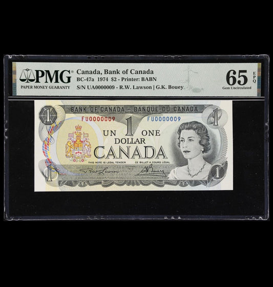 1973 CANADA $1 LOW SERIAL NOTE PMG GRADED GEM UNC-65 #000009