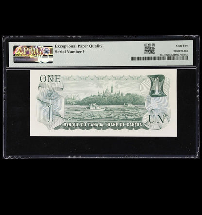 1973 CANADA $1 LOW SERIAL NOTE PMG GRADED GEM UNC-65 #000009