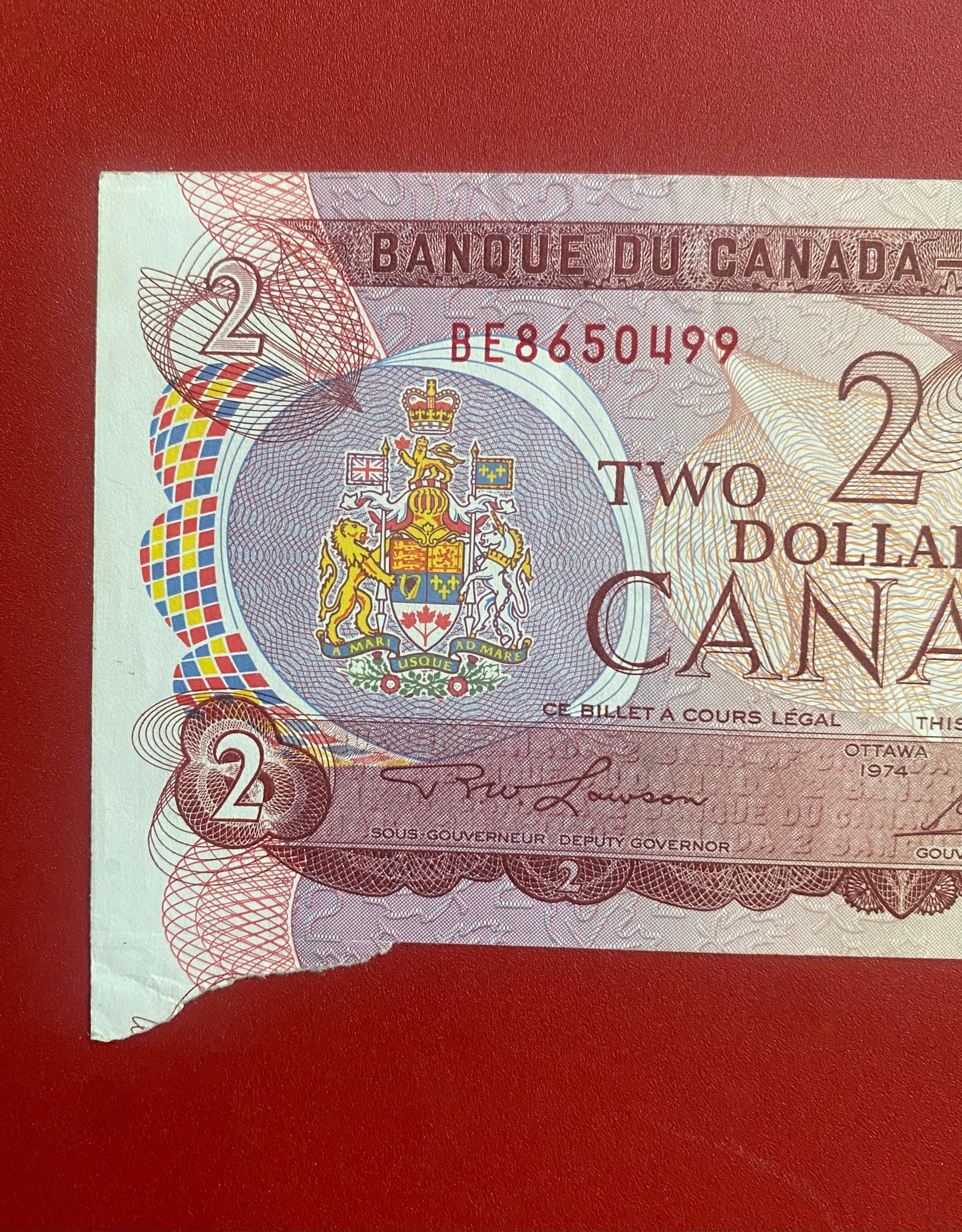 1974 BANK OF CANADA $2 "CUTTING ERROR" NOTE