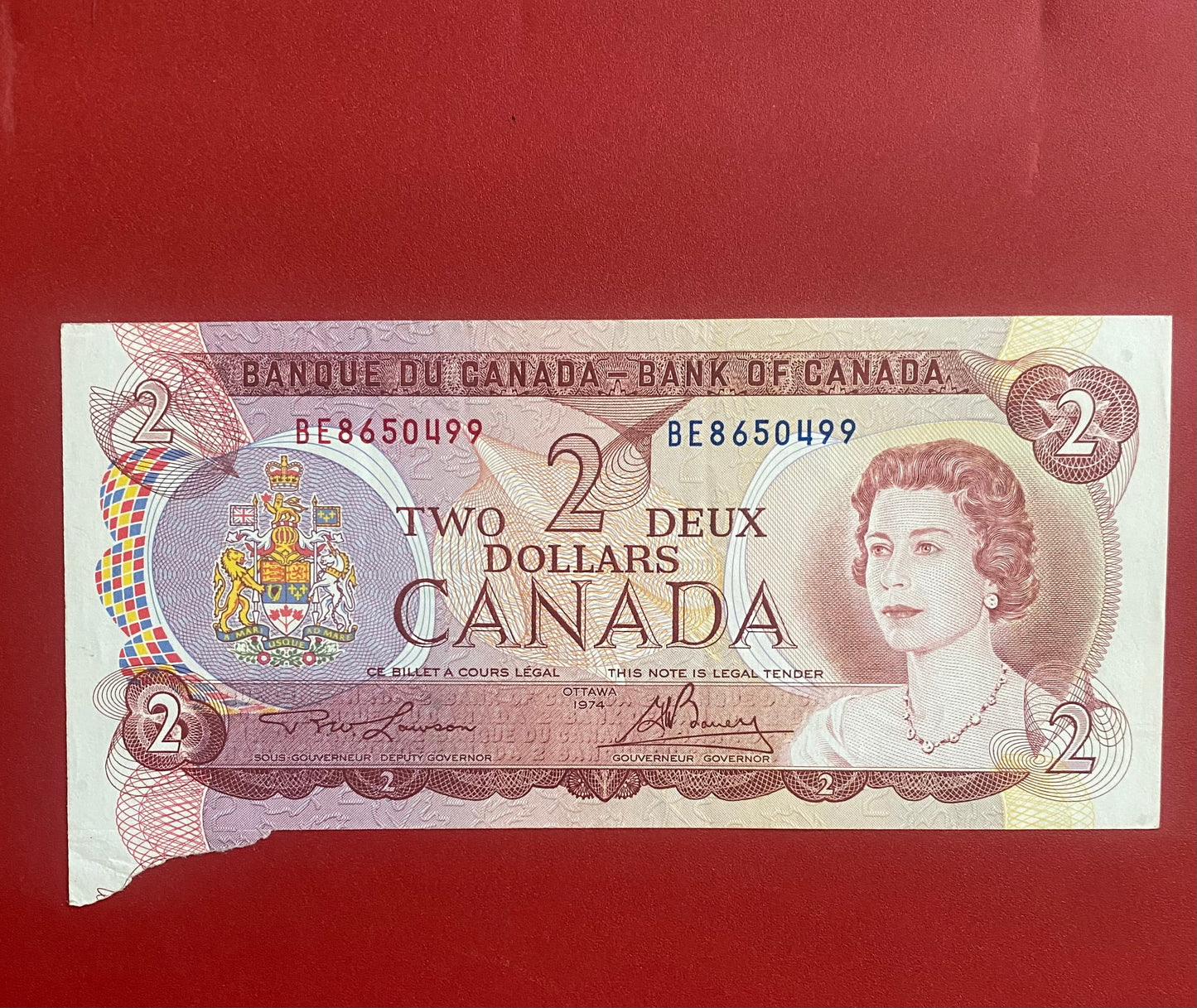 1974 BANK OF CANADA $2 "CUTTING ERROR" NOTE