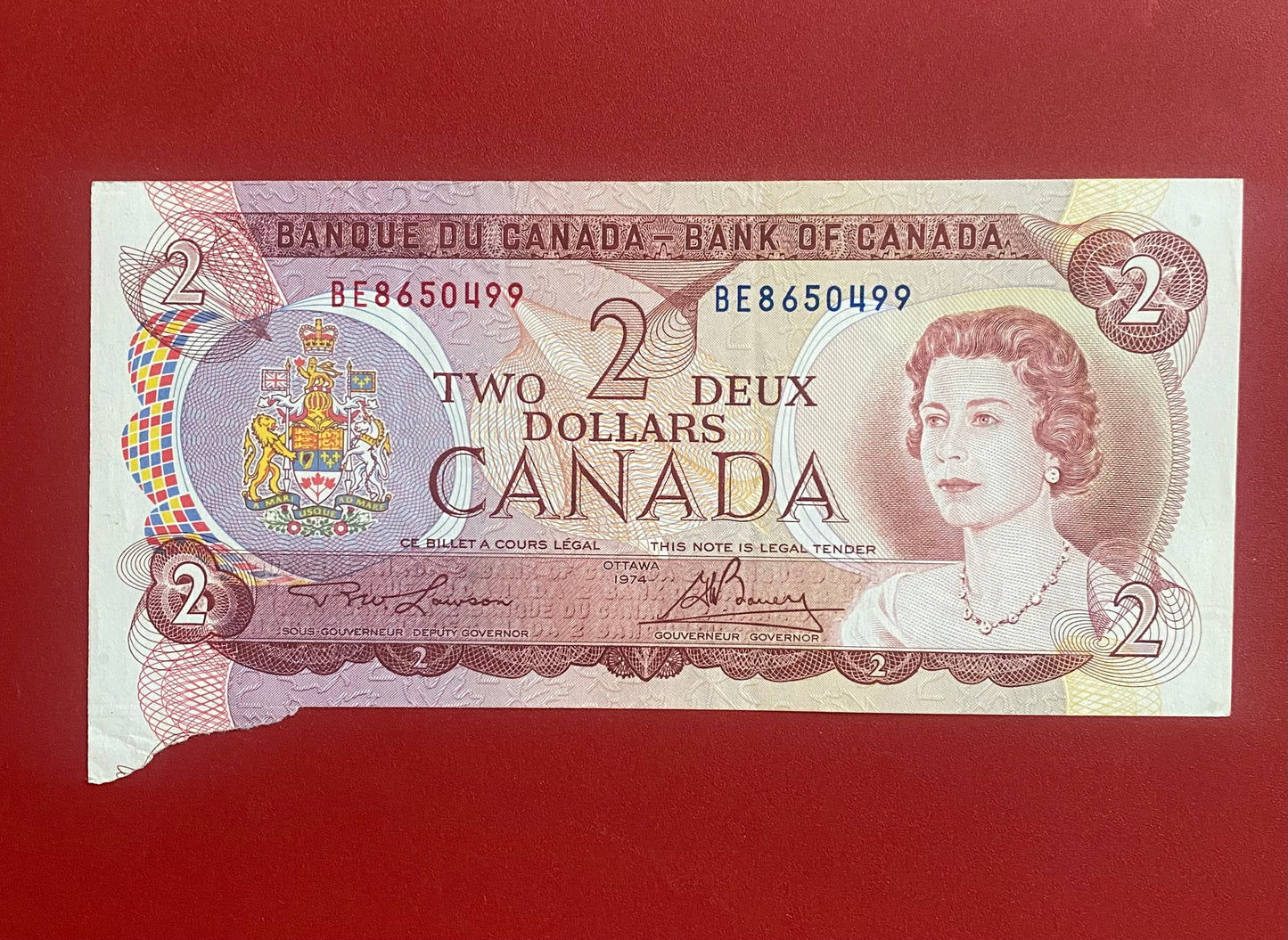 1974 BANK OF CANADA $2 "CUTTING ERROR" NOTE