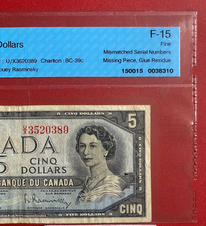 1954 CANADA $5 "ERROR - MISMATCHED SERIAL" NOTE CCCS GRADED FINE-15