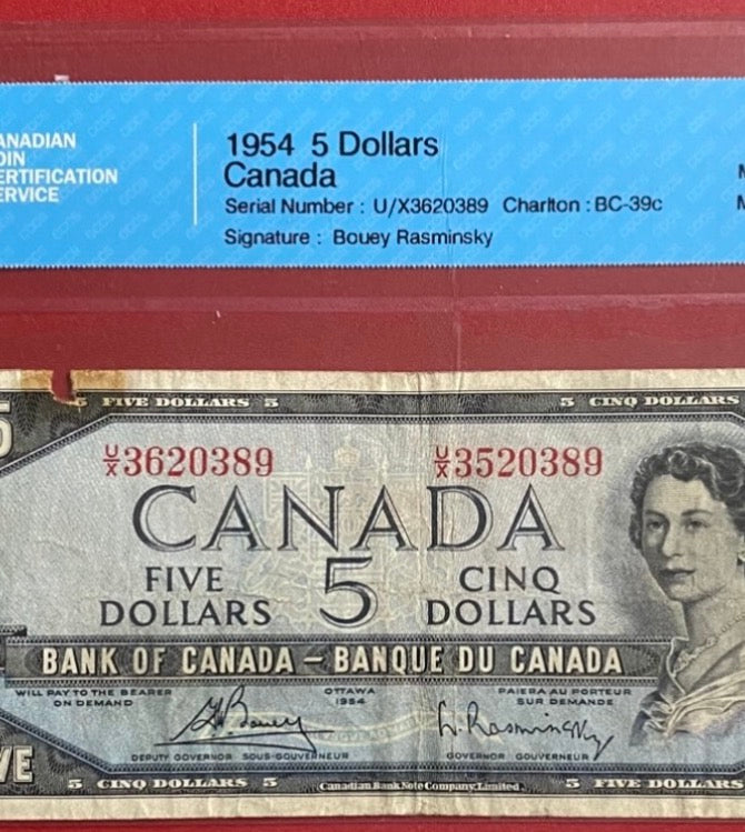 1954 CANADA $5 "ERROR - MISMATCHED SERIAL" NOTE CCCS GRADED FINE-15