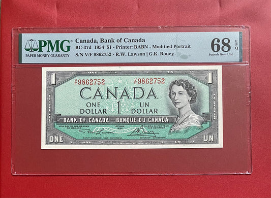 1954 CANADA $1 NOTE PMG GRADED SUPERB GEM UNC-68 “TOP POP” #9862752