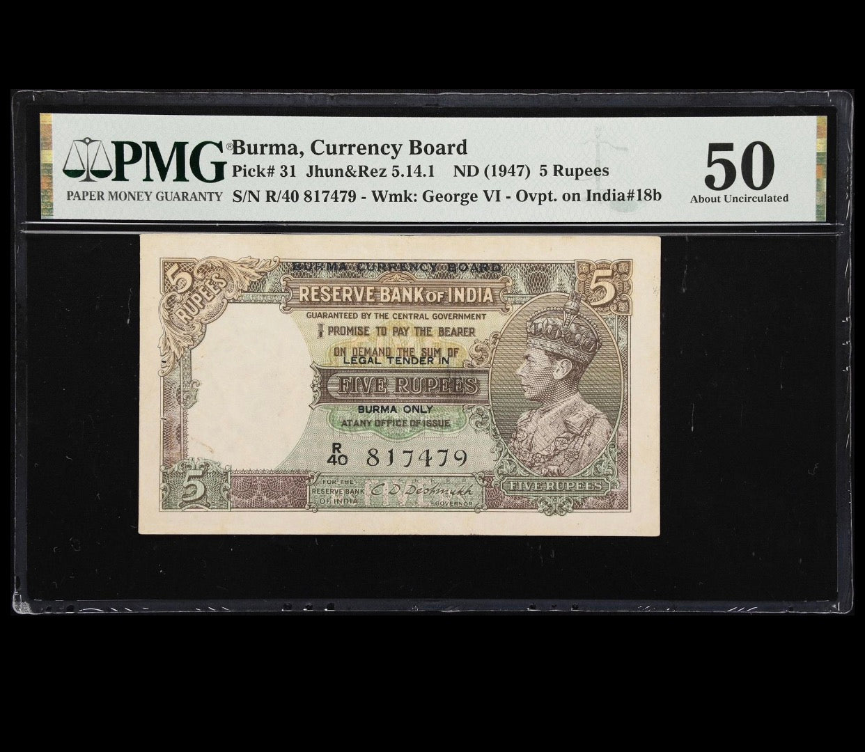 1947 BURMA ₹5 RUPEE MILITARY ADMINISTRATION PMG GRADED AU-50
