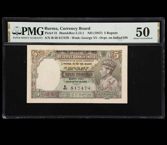 1947 BURMA ₹5 RUPEE MILITARY ADMINISTRATION PMG GRADED AU-50
