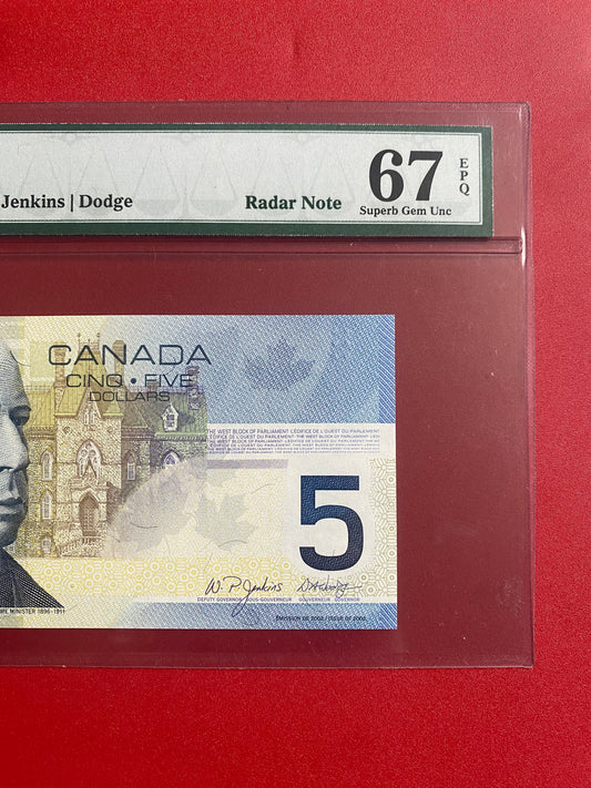 2002 CANADA $5 “DESCENDING/ASCENDING LADDER” NOTE PMG GRADED SUPERB GEM UNC-67 #9876789
