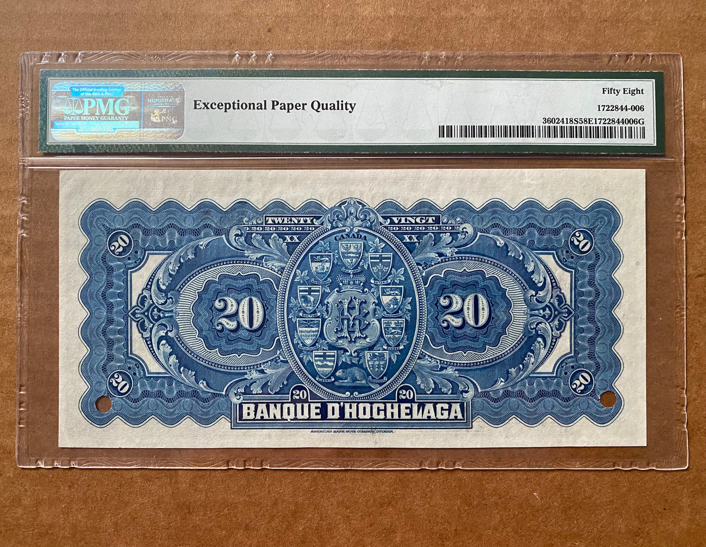 1917 BANQUE D’HOCHELAGA $20 “SPECIMEN” NOTE - PMG GRADED AU-58: 000000