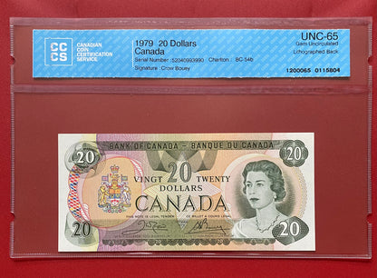 RARE RADAR NOTE 1979 CANADA $20 NOTE CCCS GRADED GEM UNC-65 #0993990