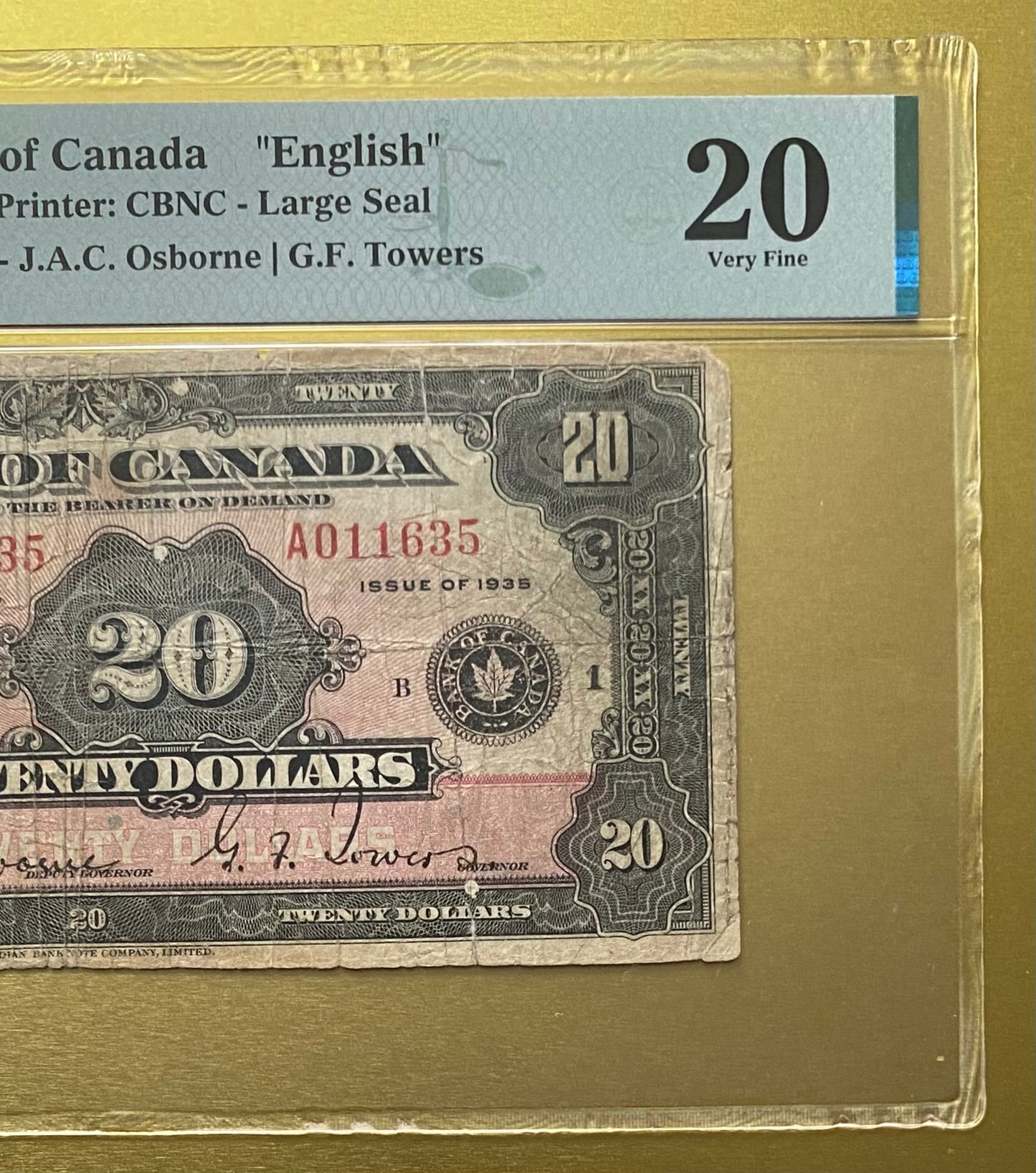 1935 BANK OF CANADA $20 LARGE SEALNOTE PMG GRADED VF-20: TEAR