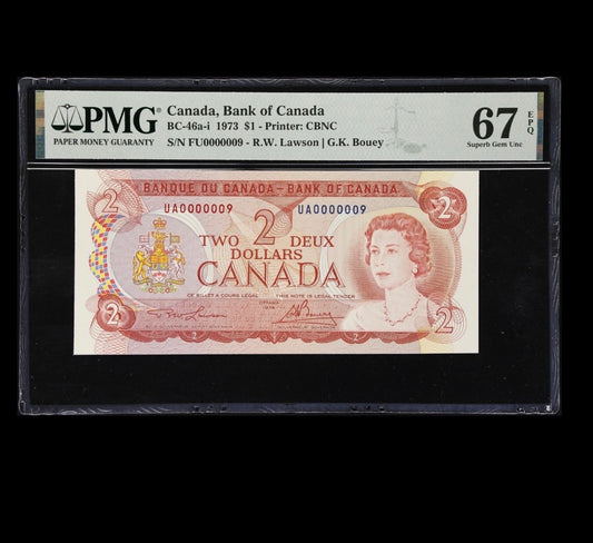 #000009 LOW SERIAL 1974 CANADA $2 NOTE PMG GRADED SUPERB GEM UNC-67