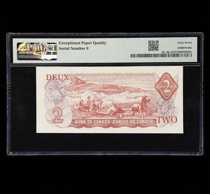 #000009 LOW SERIAL 1974 CANADA $2 NOTE PMG GRADED SUPERB GEM UNC-67