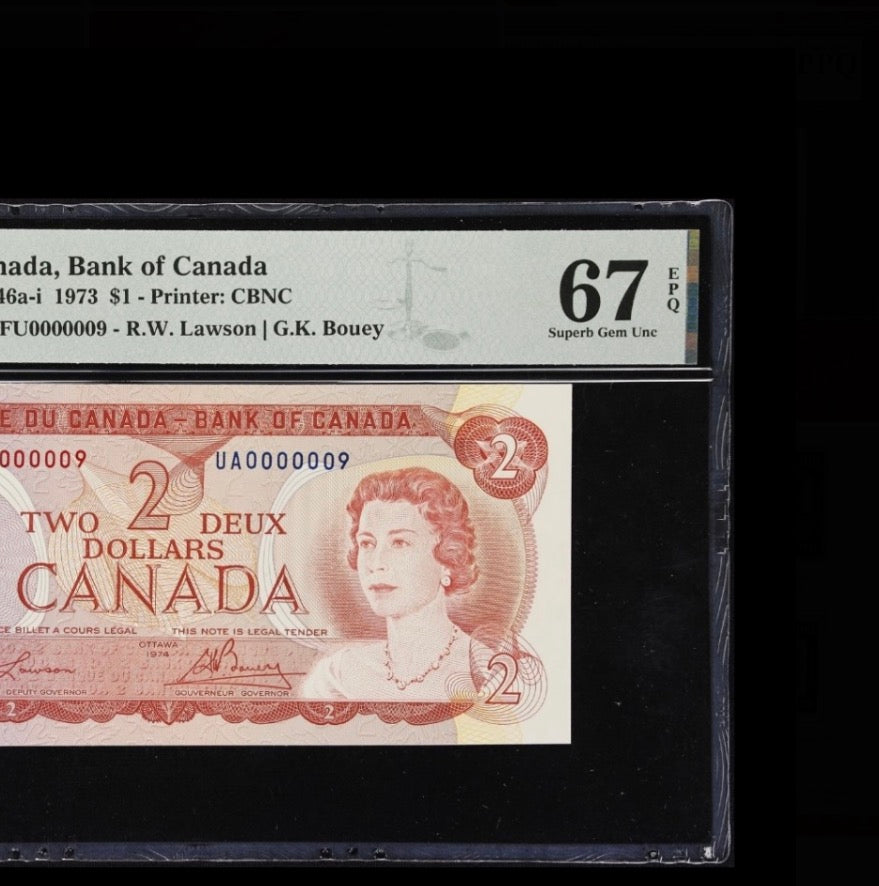 #000009 LOW SERIAL 1974 CANADA $2 NOTE PMG GRADED SUPERB GEM UNC-67