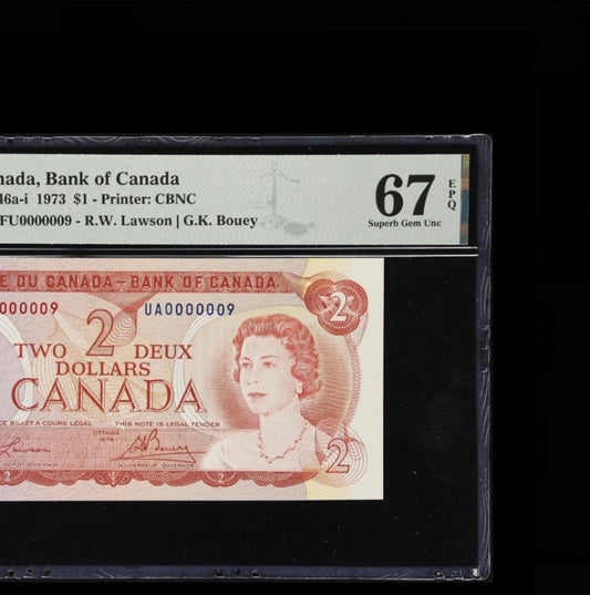 #000009 LOW SERIAL 1974 CANADA $2 NOTE PMG GRADED SUPERB GEM UNC-67