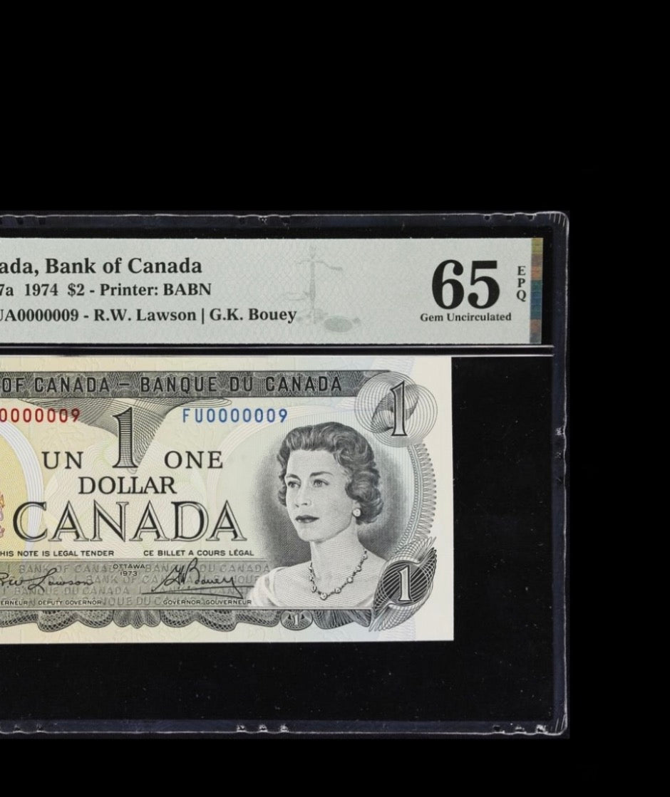1973 CANADA $1 LOW SERIAL NOTE PMG GRADED GEM UNC-65 #000009