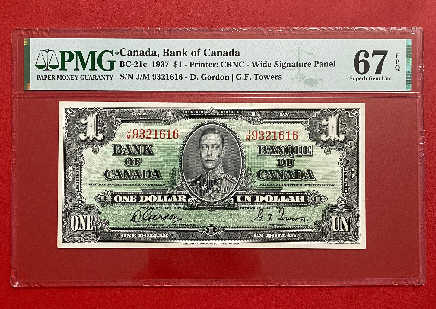 TOP POP: HIGHEST GRADED 1937 CANADA $1 NOTE PMG GRADED SUPERB GEM UNC-67