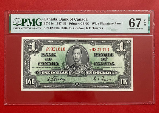 TOP POP: HIGHEST GRADED 1937 CANADA $1 NOTE PMG GRADED SUPERB GEM UNC-67